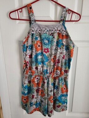 Mudd Girls Floral Romper in Gray, Blue & Orange